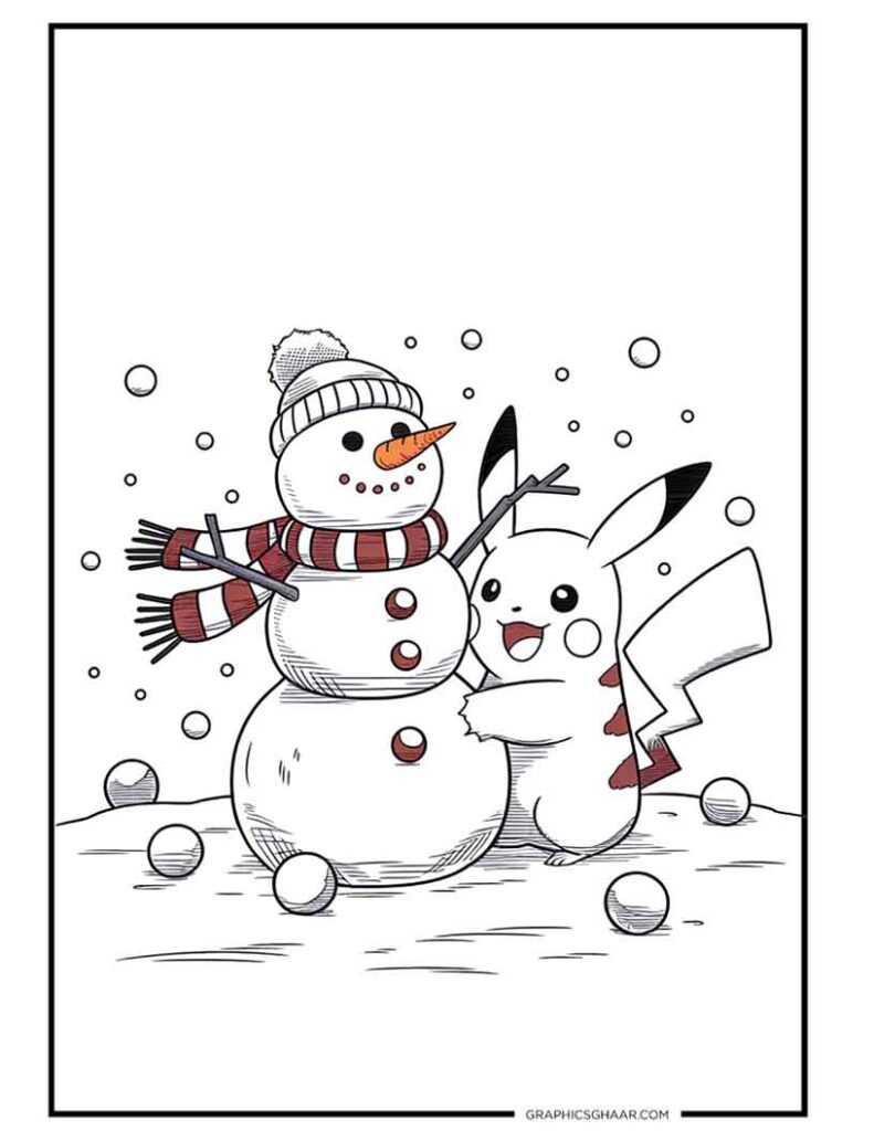 Pikachu and snowman coloring pages christmas
