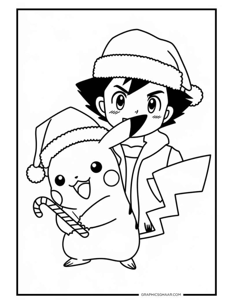 Pikachu holding a candy cane Christmas coloring Page