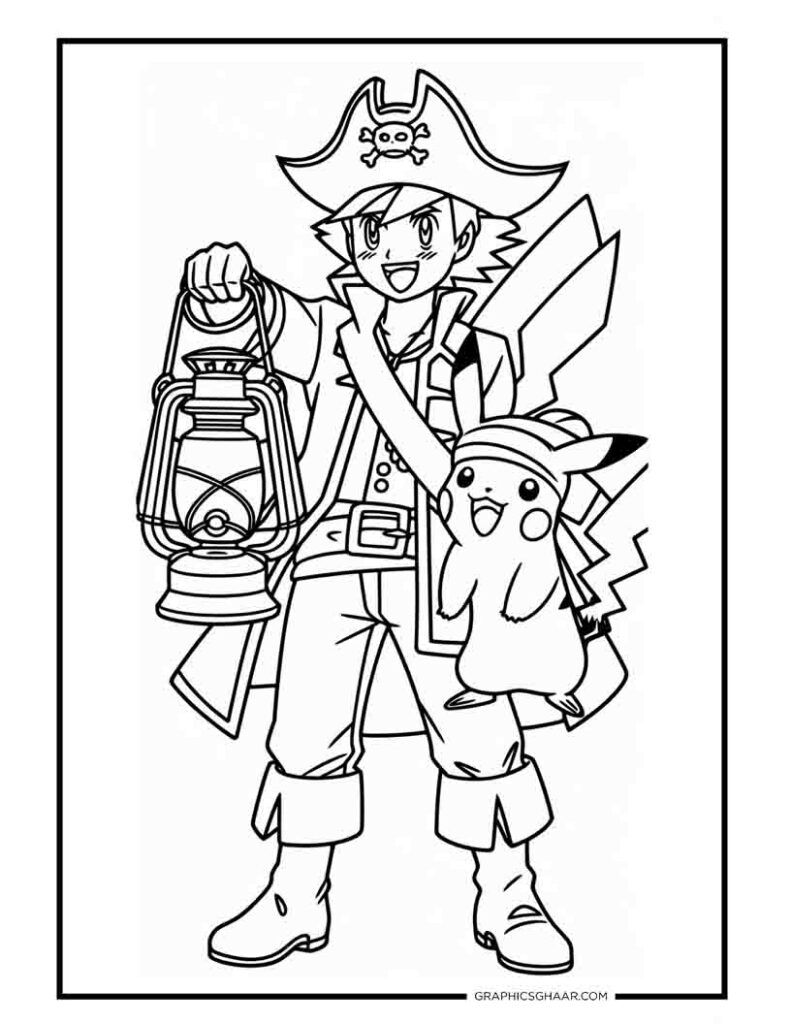 Ash and Pikachu pirate outfit holding lantern Halloween Pikachu Coloring sheet