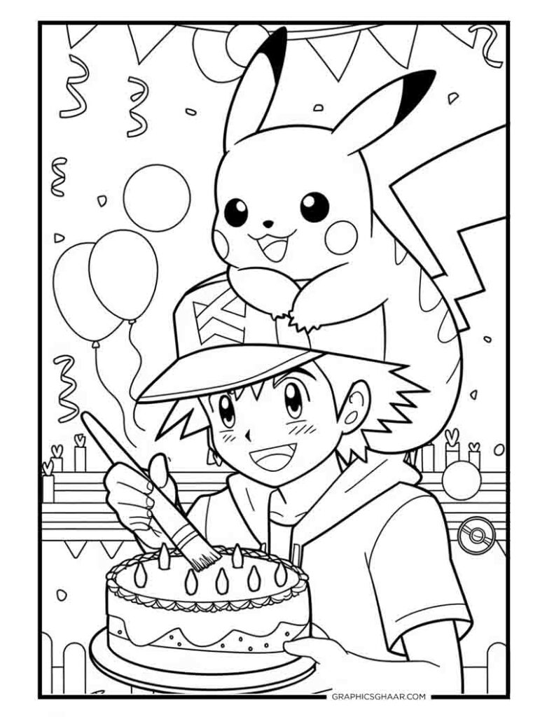 Ash holding birthday Cake with Pikachu
