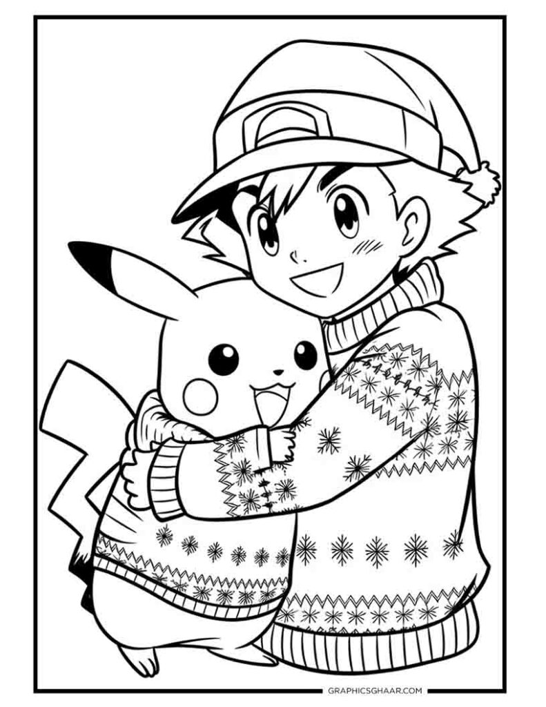 Ash hugging Pikachu Wearing Christmas Sweater