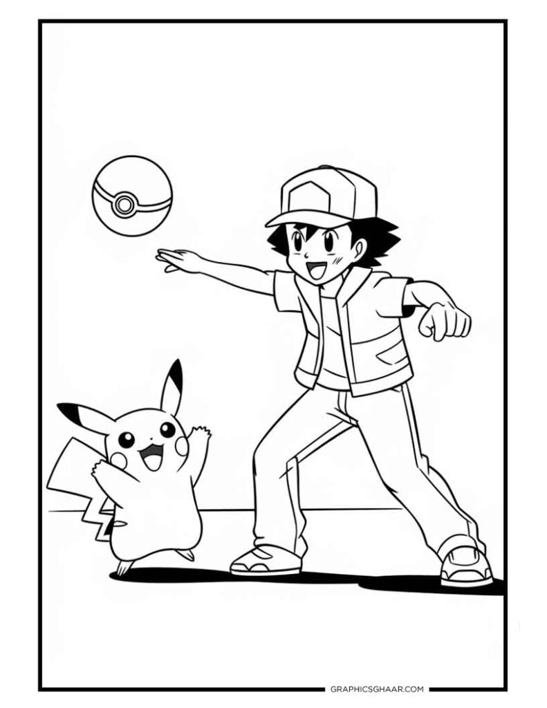 Ash throwing Poké Ball with Pikachu 
