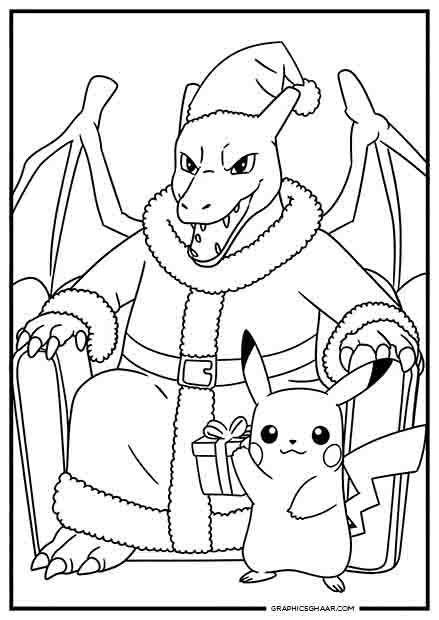 Charizard dressed as Santa Claus and Pikachu