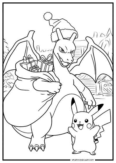 Charizard holding a sack of presents while Pikachu waves cheerfully coloring pages