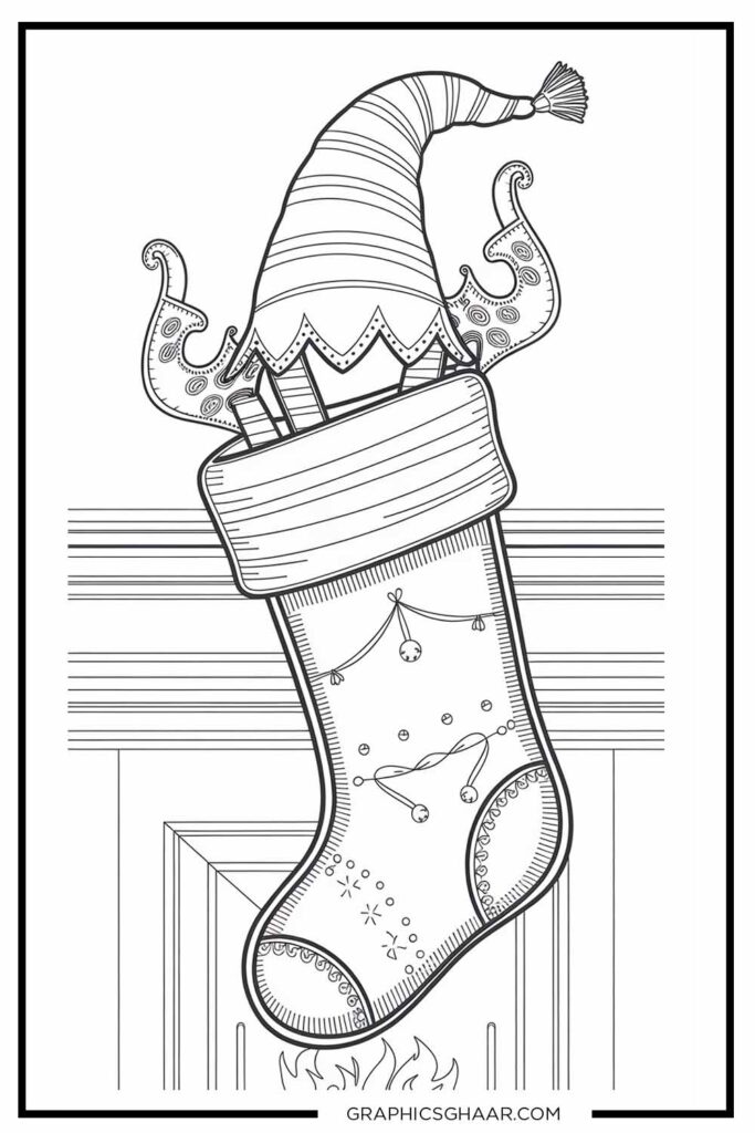 Elf-Themed Stocking Coloring sheet