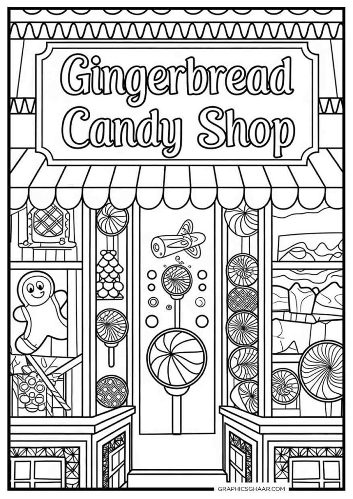 Gingerbread Candy Shop Coloring sheet