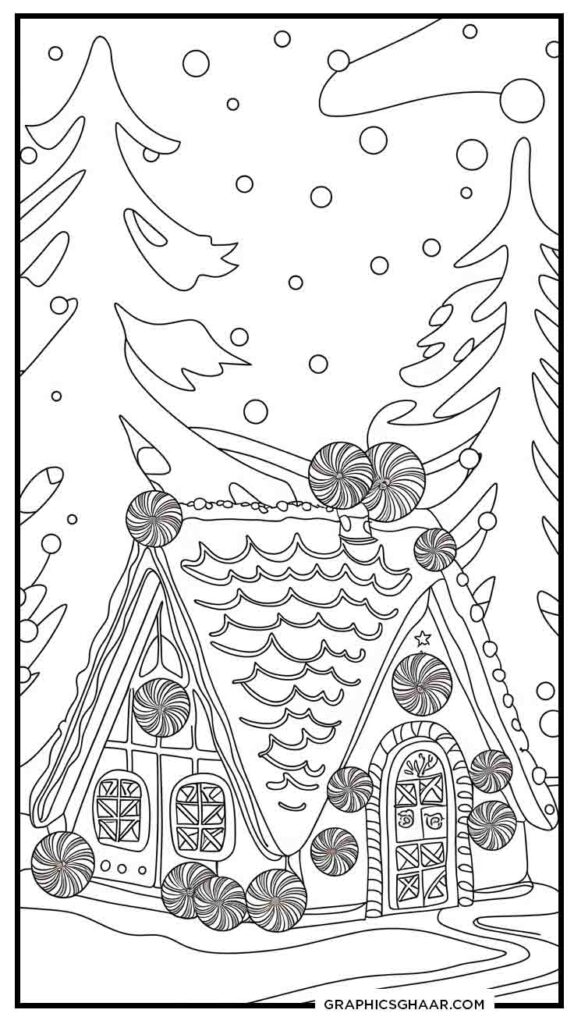 Gingerbread House with Peppermints coloring sheet