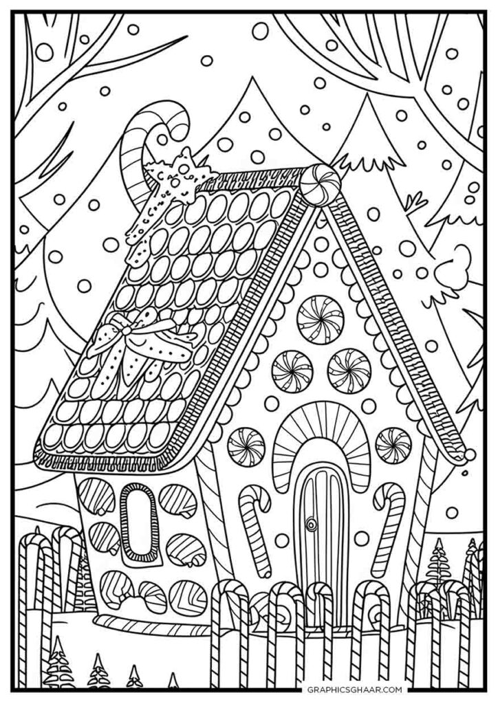 Gingerbread House with Waffle Roof and Mistletoes coloring pages
