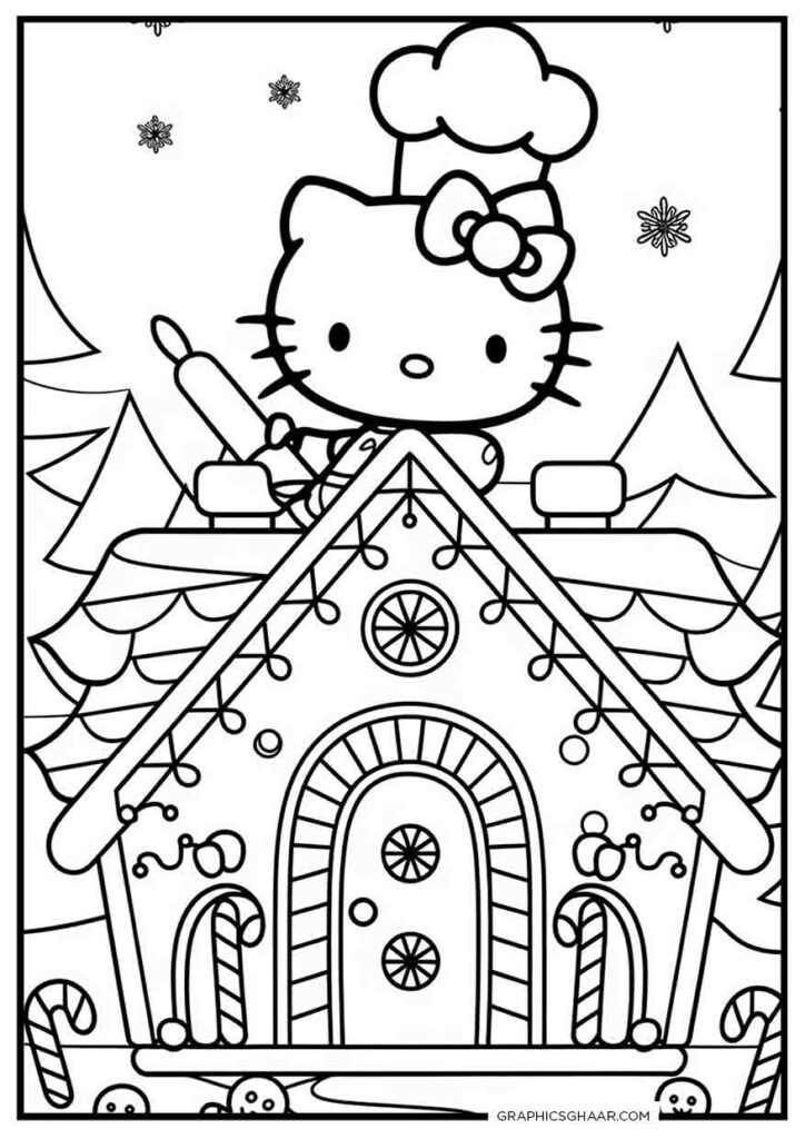 Hello Kitty Gingerbread House coloring sheet