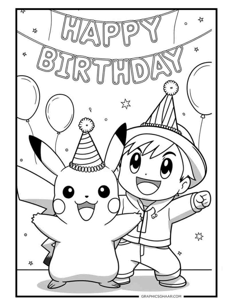 Pikachu and Ash wearing Birthday party hats
