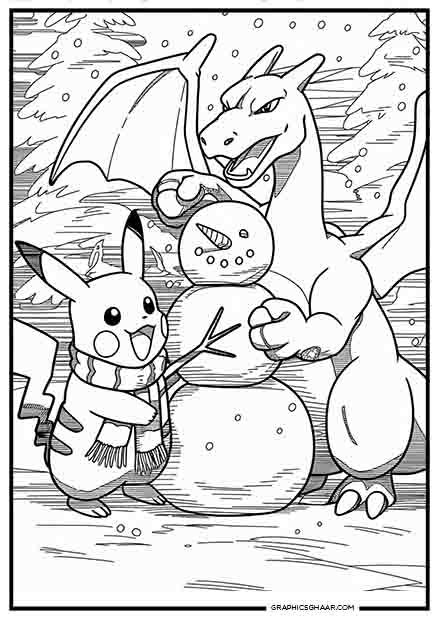 Pikachu and Charizard building a snowman together coloring pages