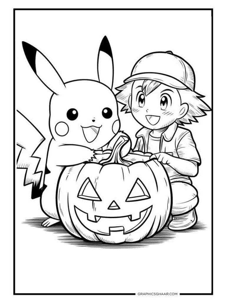 Pikachu and ash carving a pumpkin with its electric tail.
