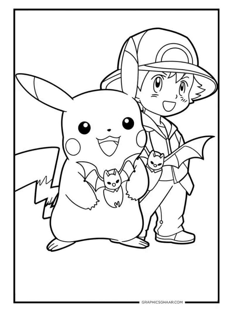 Pikachu and ash dressed as a bat with small wings
