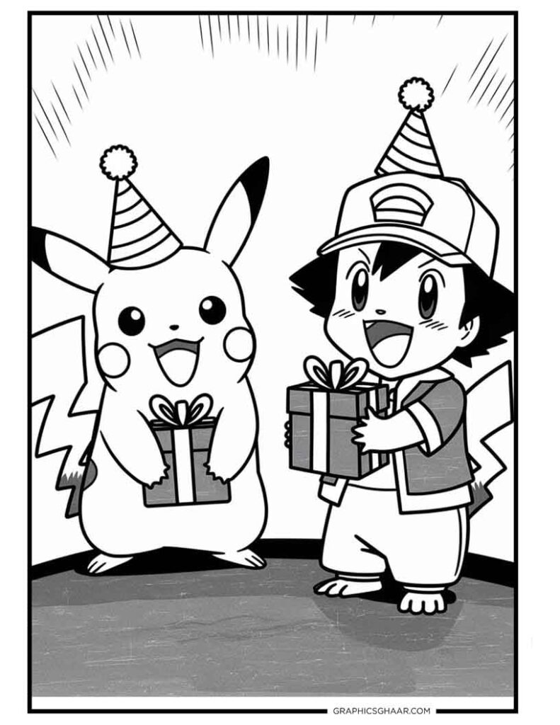 Ash and Pikachu Holding Birthday gift Coloring sheet PDF