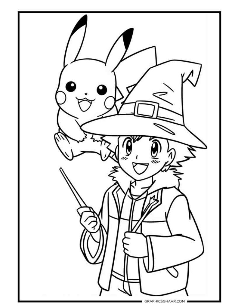 Pikachu and Ash Wearning Wizard Hat Halloween coloring Sheet
