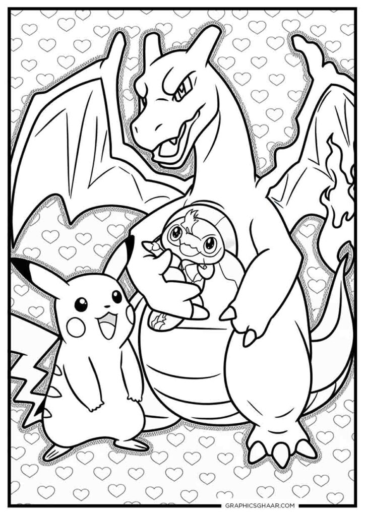 Pikachu and a cartoon style Charizard