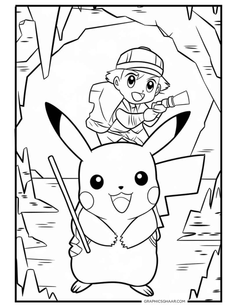 Pikachu and Ash on Cave coloring sheet