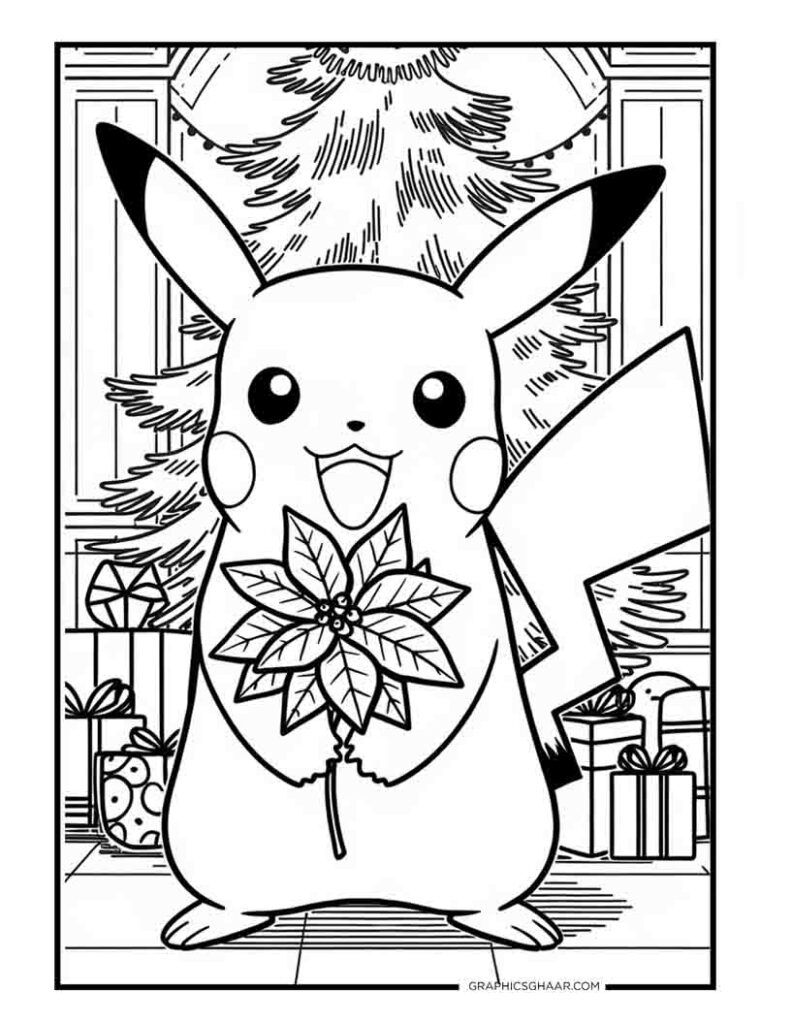 Pikachu holding a Poinsettia flower