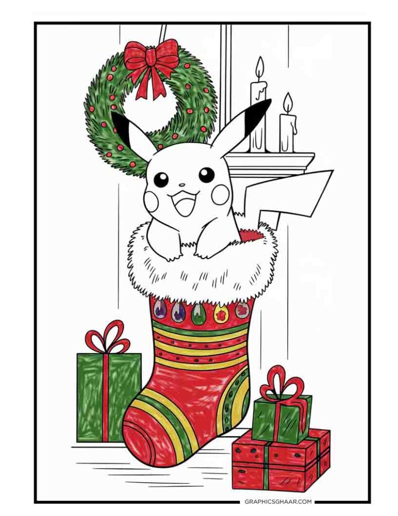 Pikachu inside a Christmas stocking