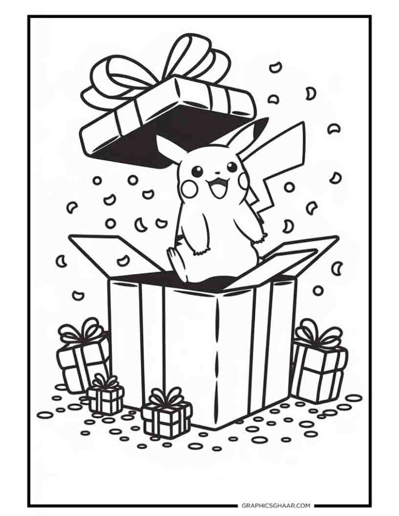 Pikachu jumping out of a giant wrapped gift box 
