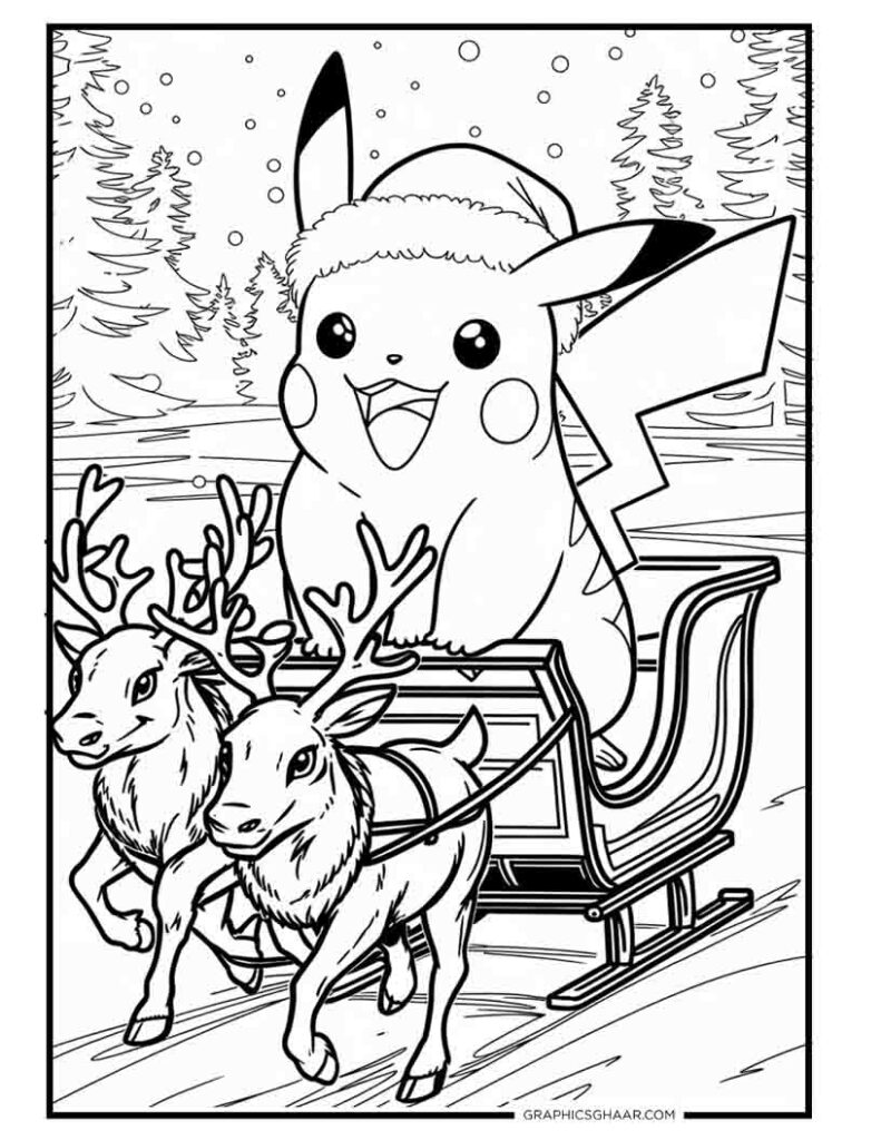 Pikachu Riding sleigh wearing christmas Hat