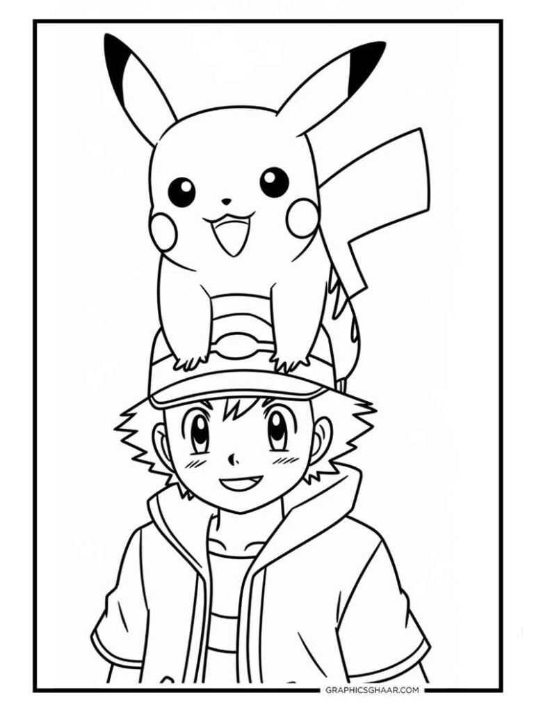 Pikachu sitting on Ash shoulder
