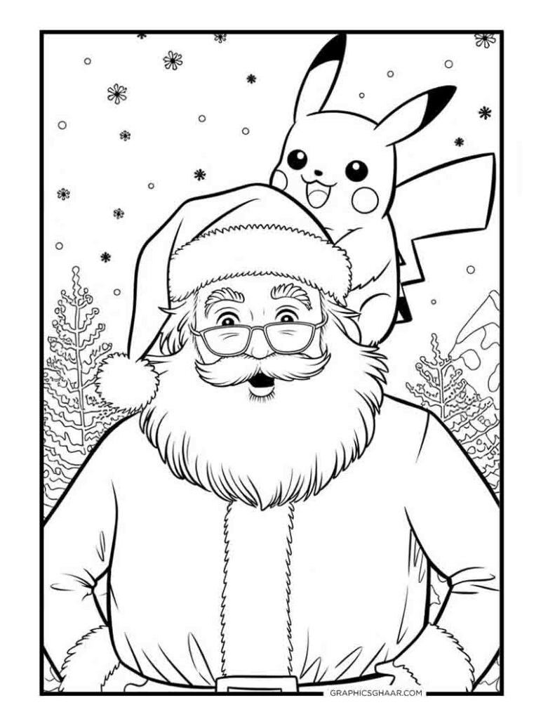 Pikachu sitting on Santa shoulder