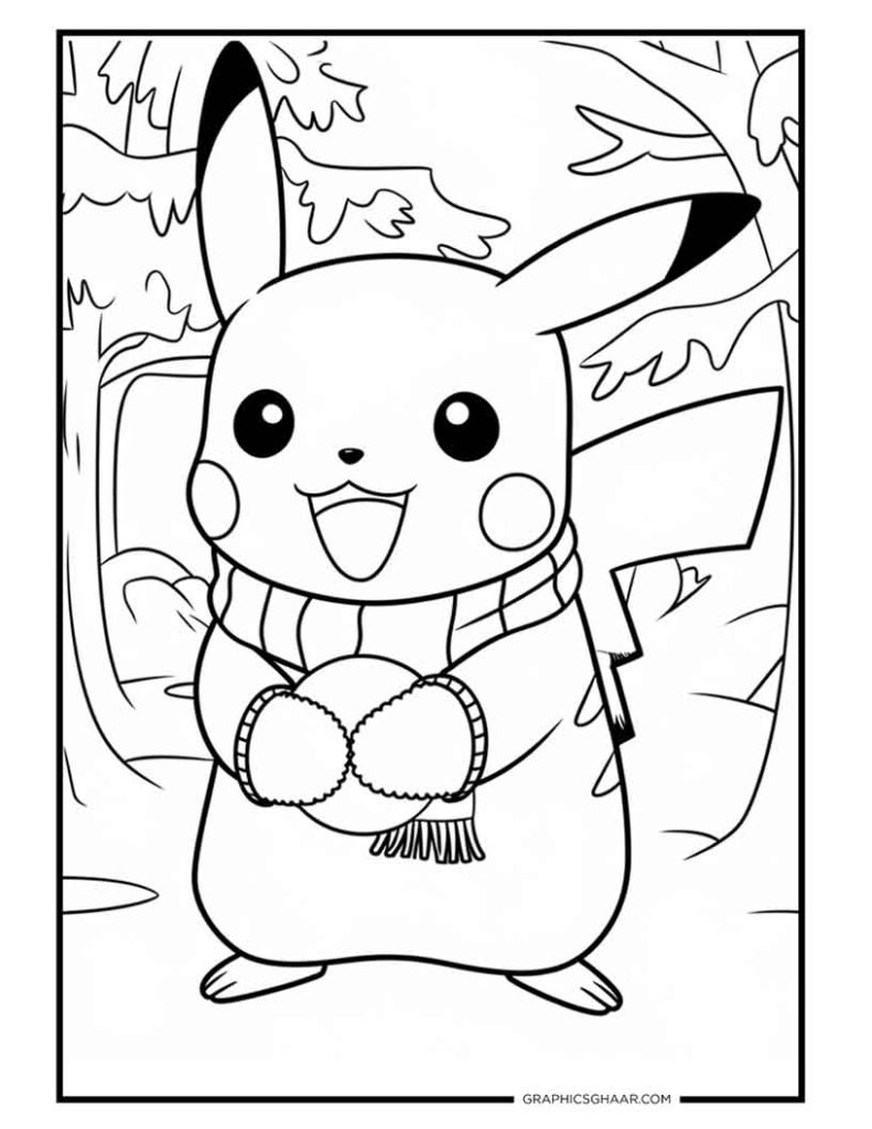 Pikachu wearing scarf and mittens holding-snowball