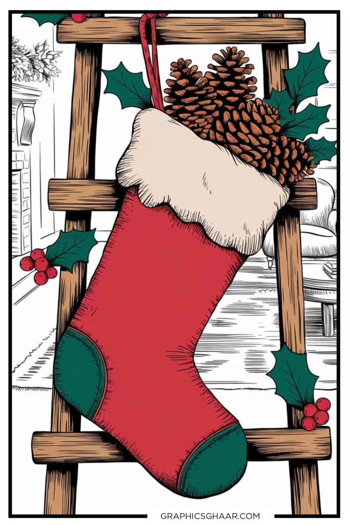 Stocking with Pinecones and Holly Coloring Pages