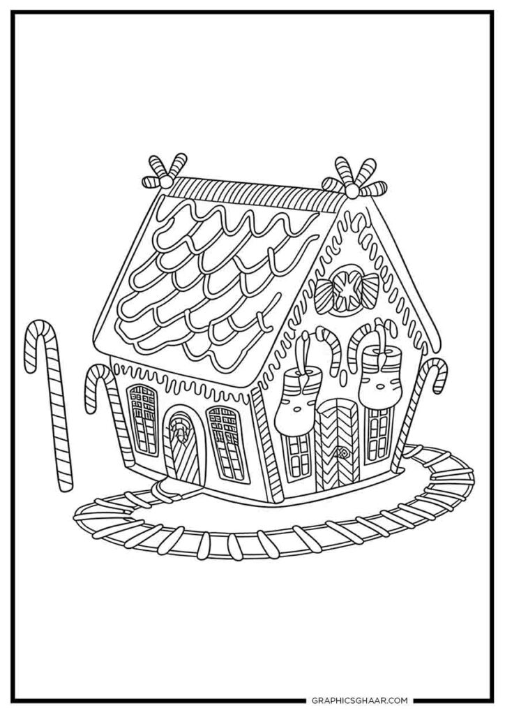 Stockings and gingerbread House coloring pages