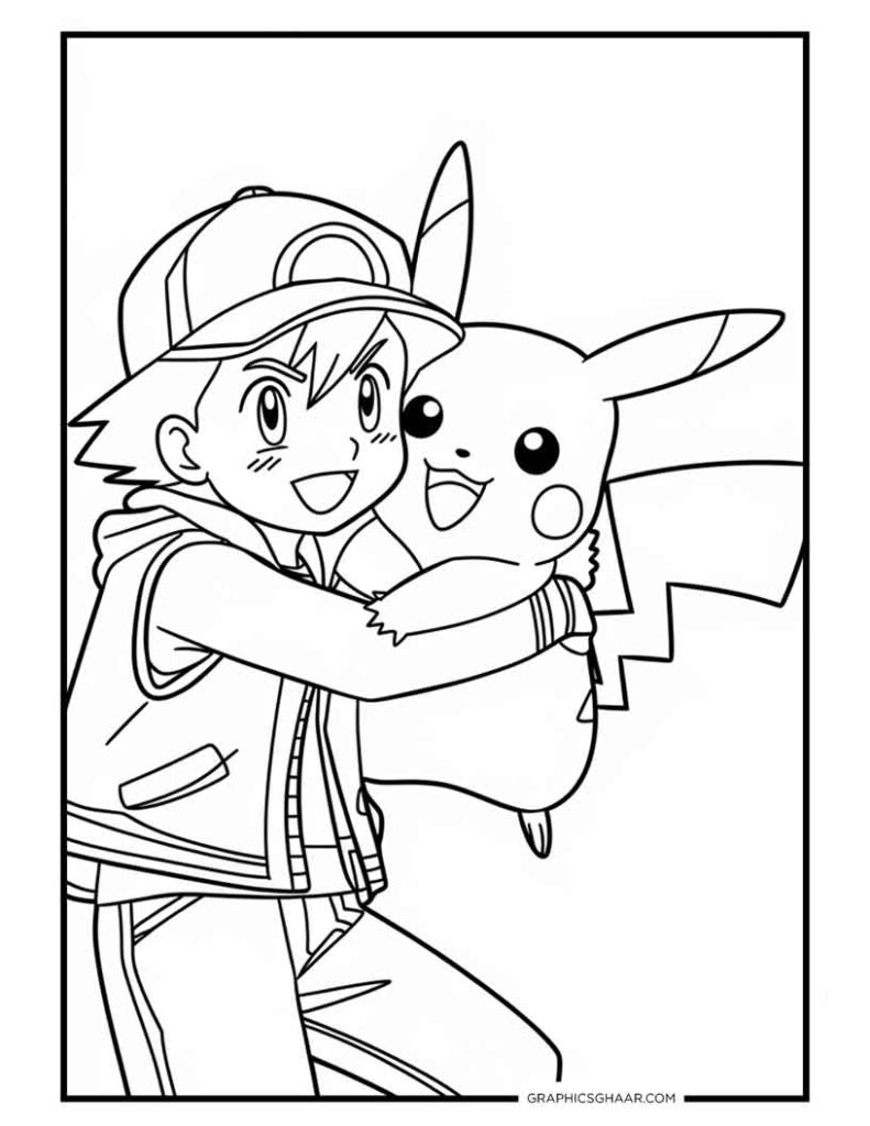 Pikachu Hugging Ash coloring pages