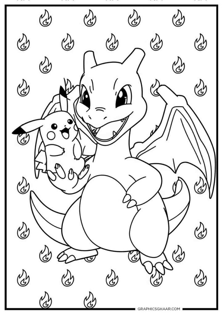 chibi style Charizard holding a tiny Pikachu Coloring sheet for kids