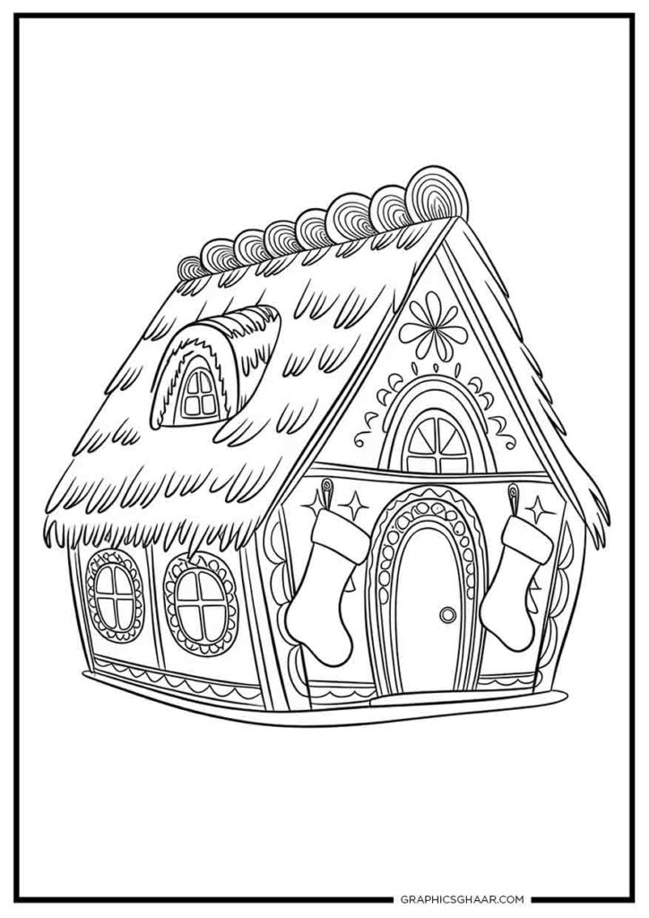 christmas Stockings and gingerbread house coloring page