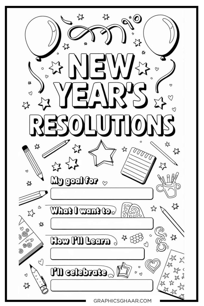 New Year Coloring Pages with Checklist