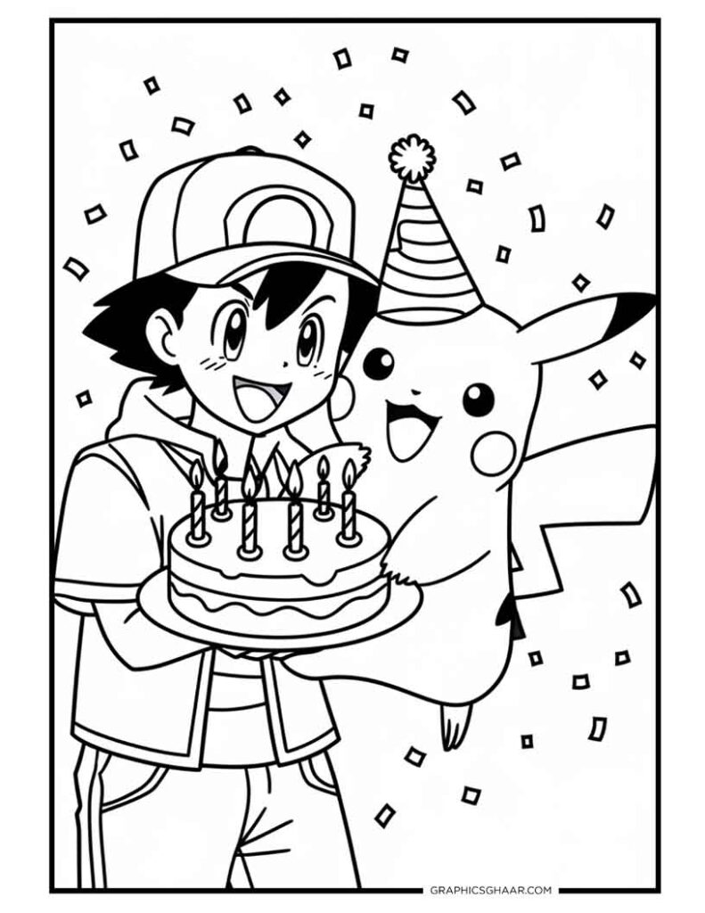 Ash and Pikachu celebrating Birthday
