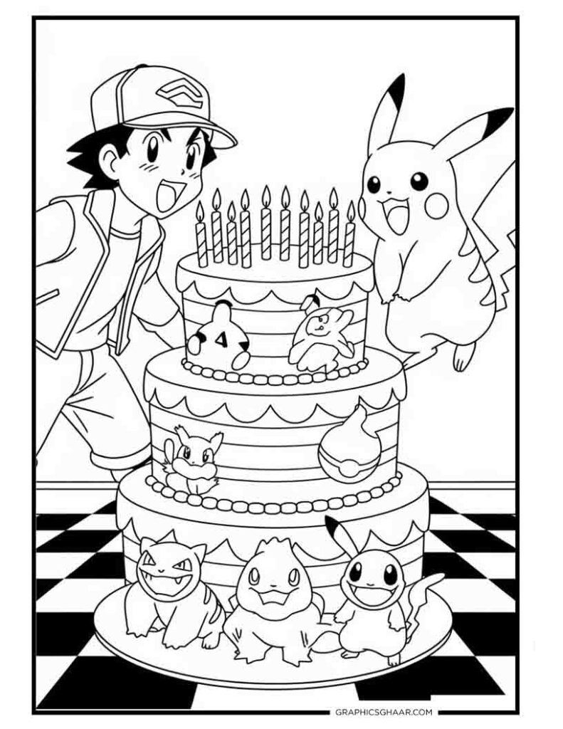 Pikachu and ash Birthday coloring page