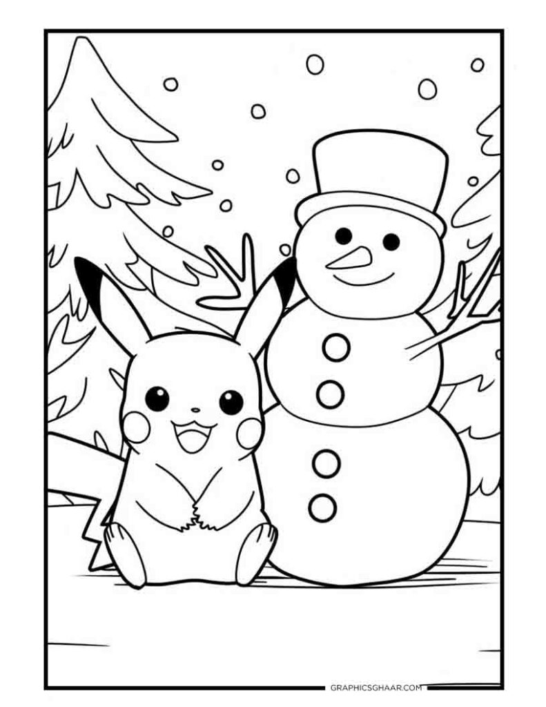 Pikachu sitting next to snowman